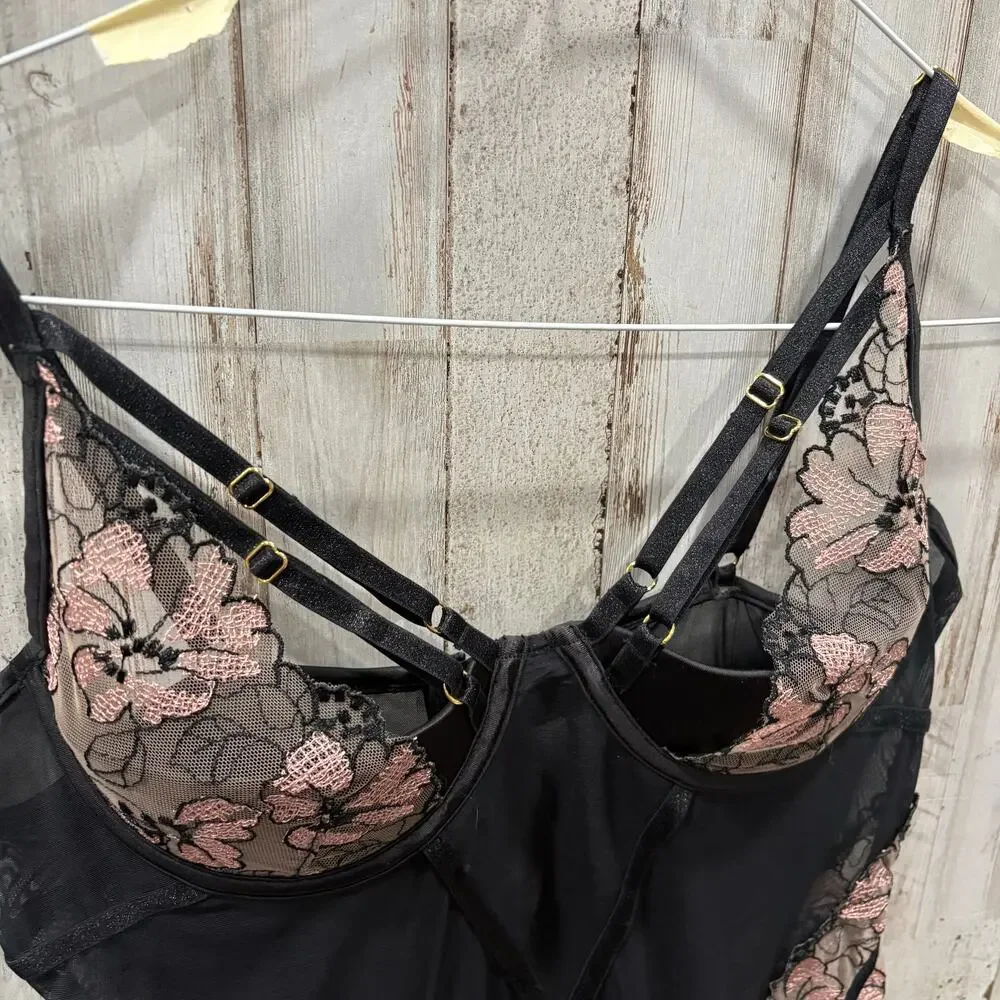 House of Desire Nova Blacklight Lace Chemise In Black  Floral Lingerie Large - Picture 2 of 9